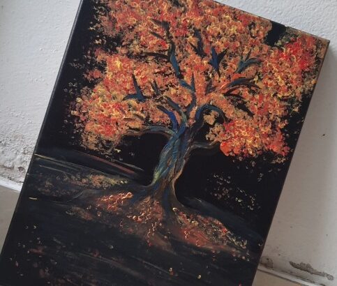 acrylic oil painting A bright tree in in the dark